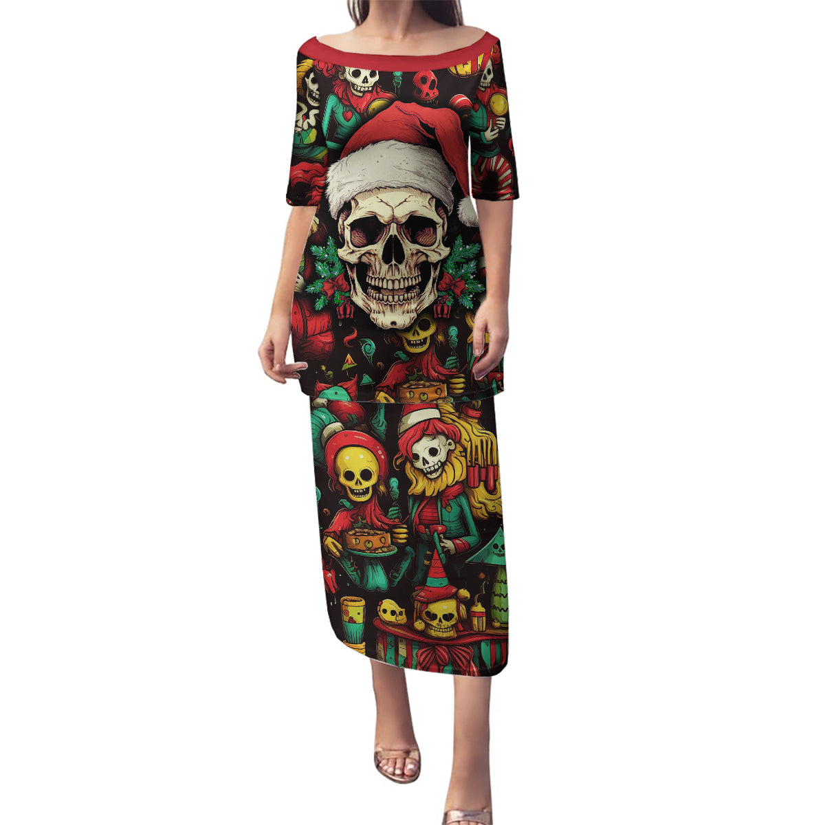 Skull Christmas Family Matching Puletasi Dress and Hawaiian Shirt When You're Dead Inside But It's Christmas - Wonder Print Shop