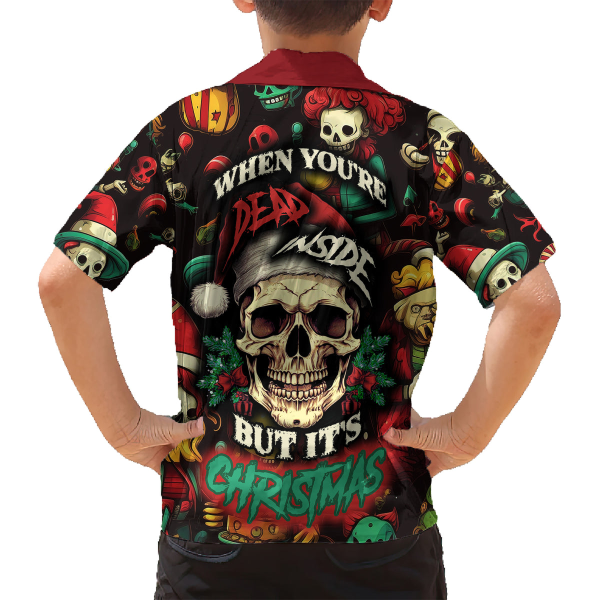 Skull Christmas Family Matching Short Sleeve Bodycon Dress and Hawaiian Shirt When You're Dead Inside But It's Christmas - Wonder Print Shop