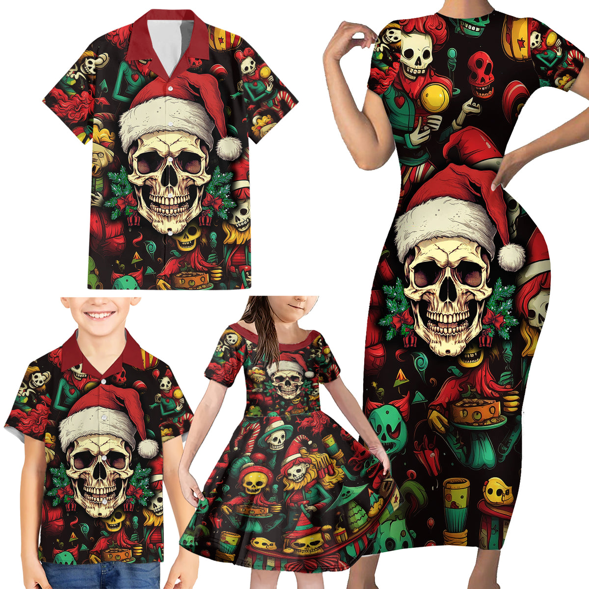 Skull Christmas Family Matching Short Sleeve Bodycon Dress and Hawaiian Shirt When You're Dead Inside But It's Christmas - Wonder Print Shop