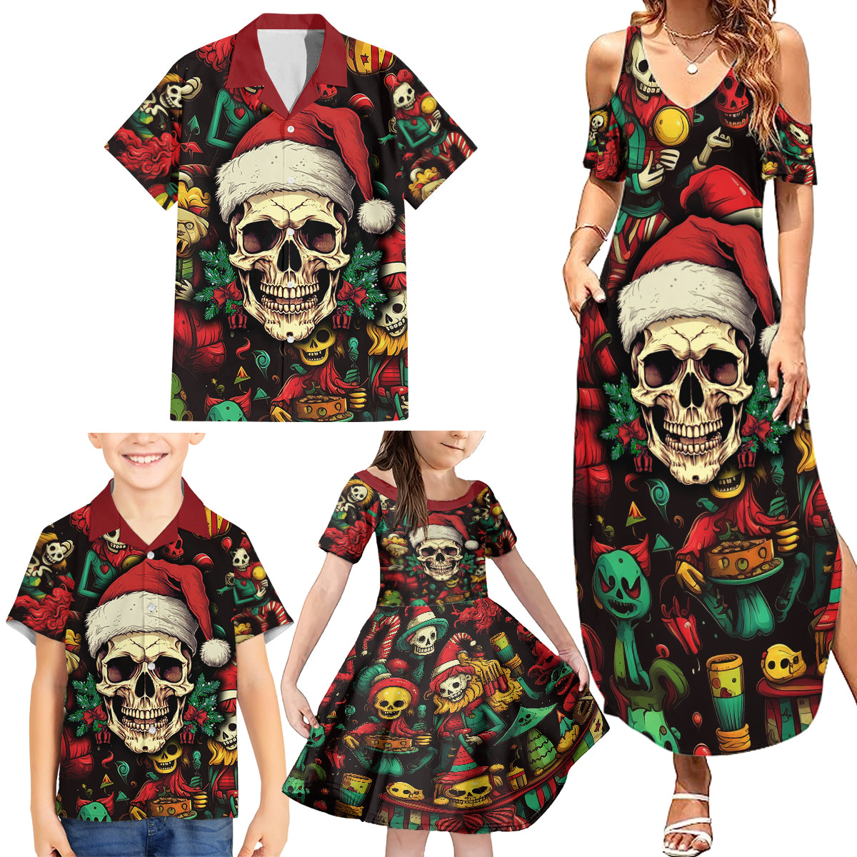Skull Christmas Family Matching Summer Maxi Dress and Hawaiian Shirt When You're Dead Inside But It's Christmas - Wonder Print Shop