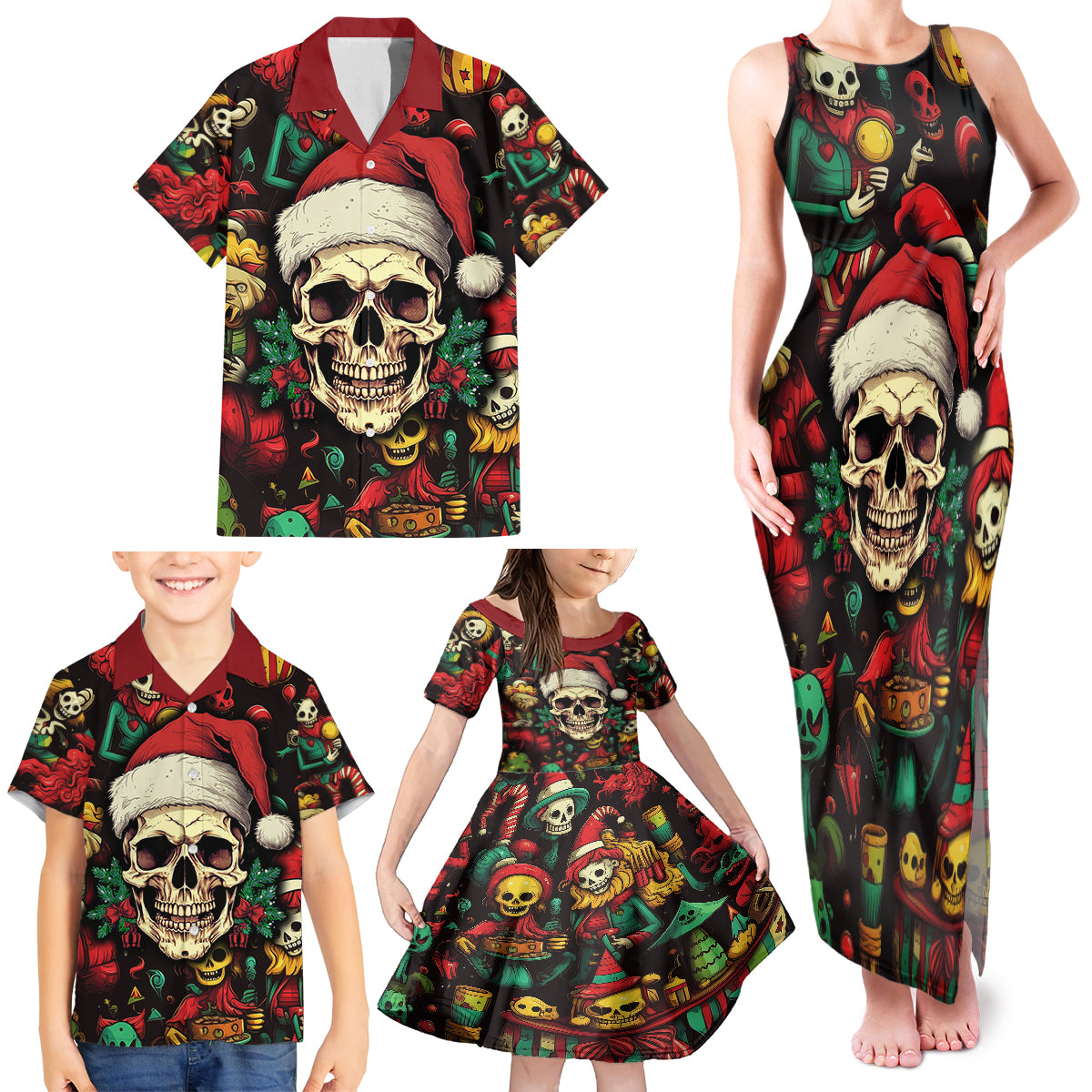 Skull Christmas Family Matching Tank Maxi Dress and Hawaiian Shirt When You're Dead Inside But It's Christmas - Wonder Print Shop