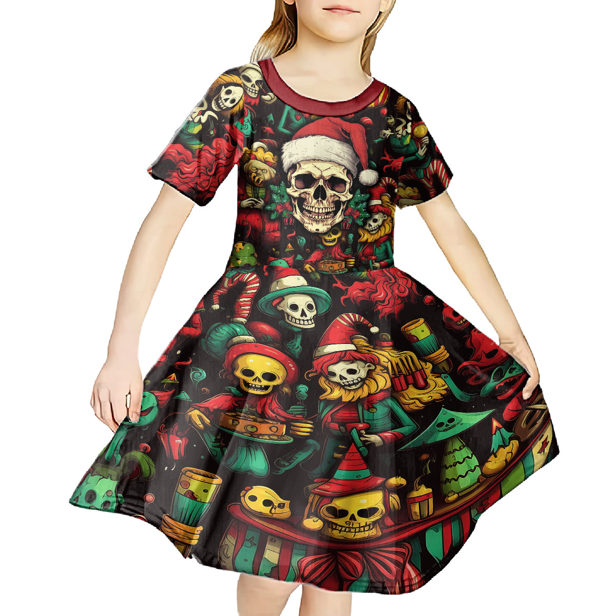 Skull Christmas Kid Short Sleeve Dress When You're Dead Inside But It's Christmas - Wonder Print Shop