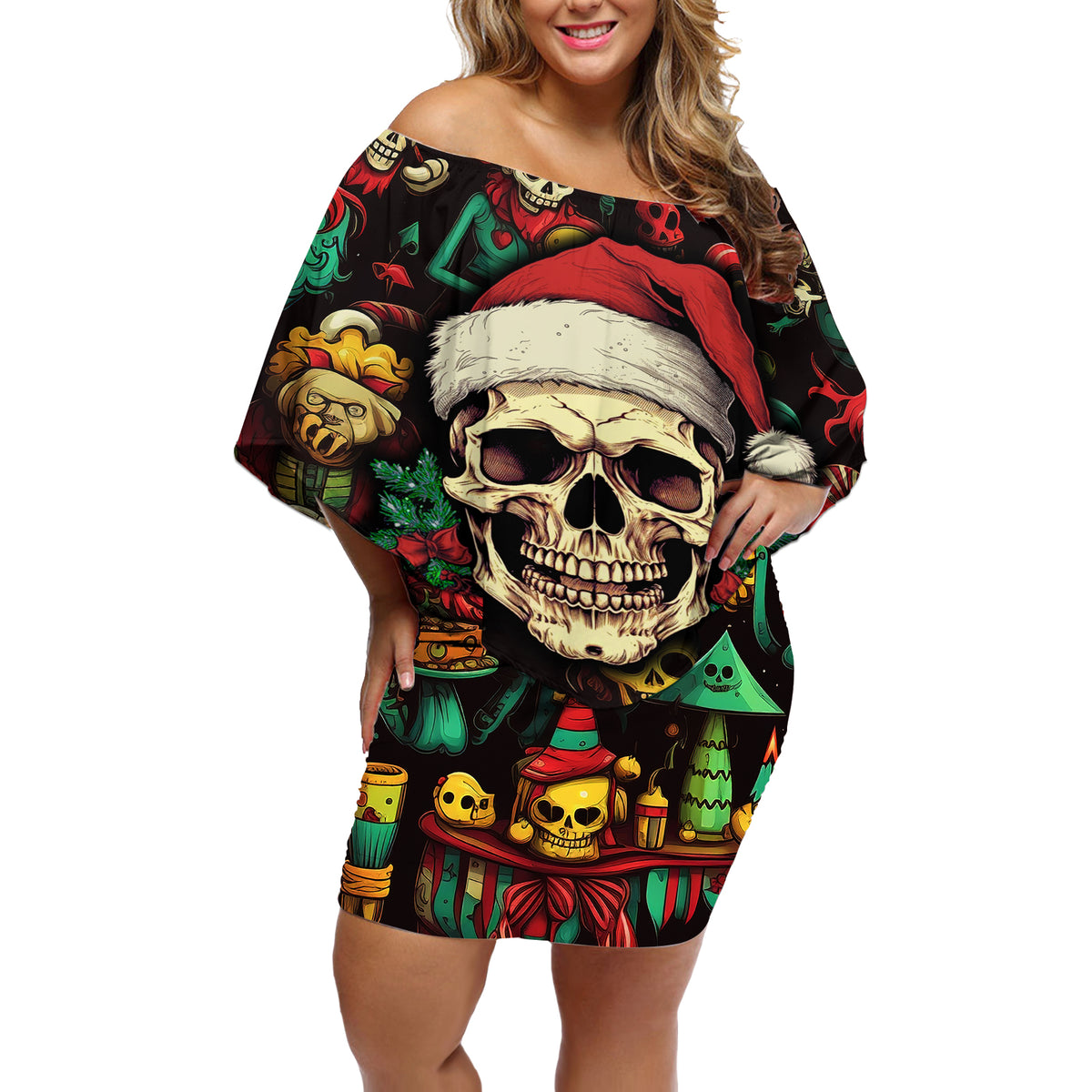 Skull Christmas Off Shoulder Short Dress When You're Dead Inside But It's Christmas - Wonder Print Shop