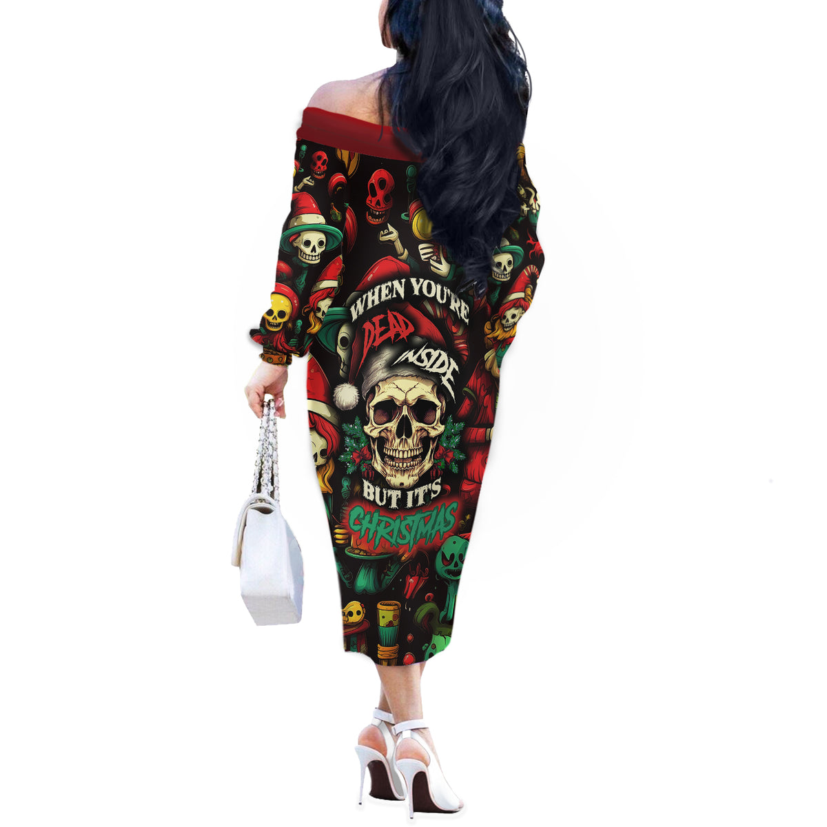 Skull Christmas Off The Shoulder Long Sleeve Dress When You're Dead Inside But It's Christmas - Wonder Print Shop