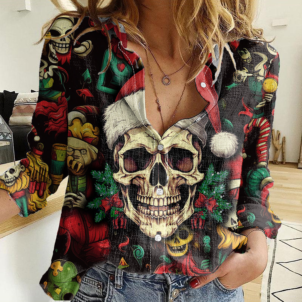 Skull Christmas Women Casual Shirt When You're Dead Inside But It's Christmas - Wonder Print Shop