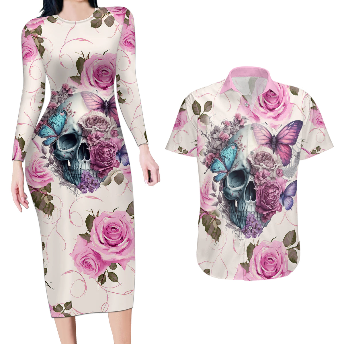 Women Skull Couples Matching Long Sleeve Bodycon Dress and Hawaiian Shirt Some Time An Angel Hellraiser Always A Strong Women - Wonder Print Shop