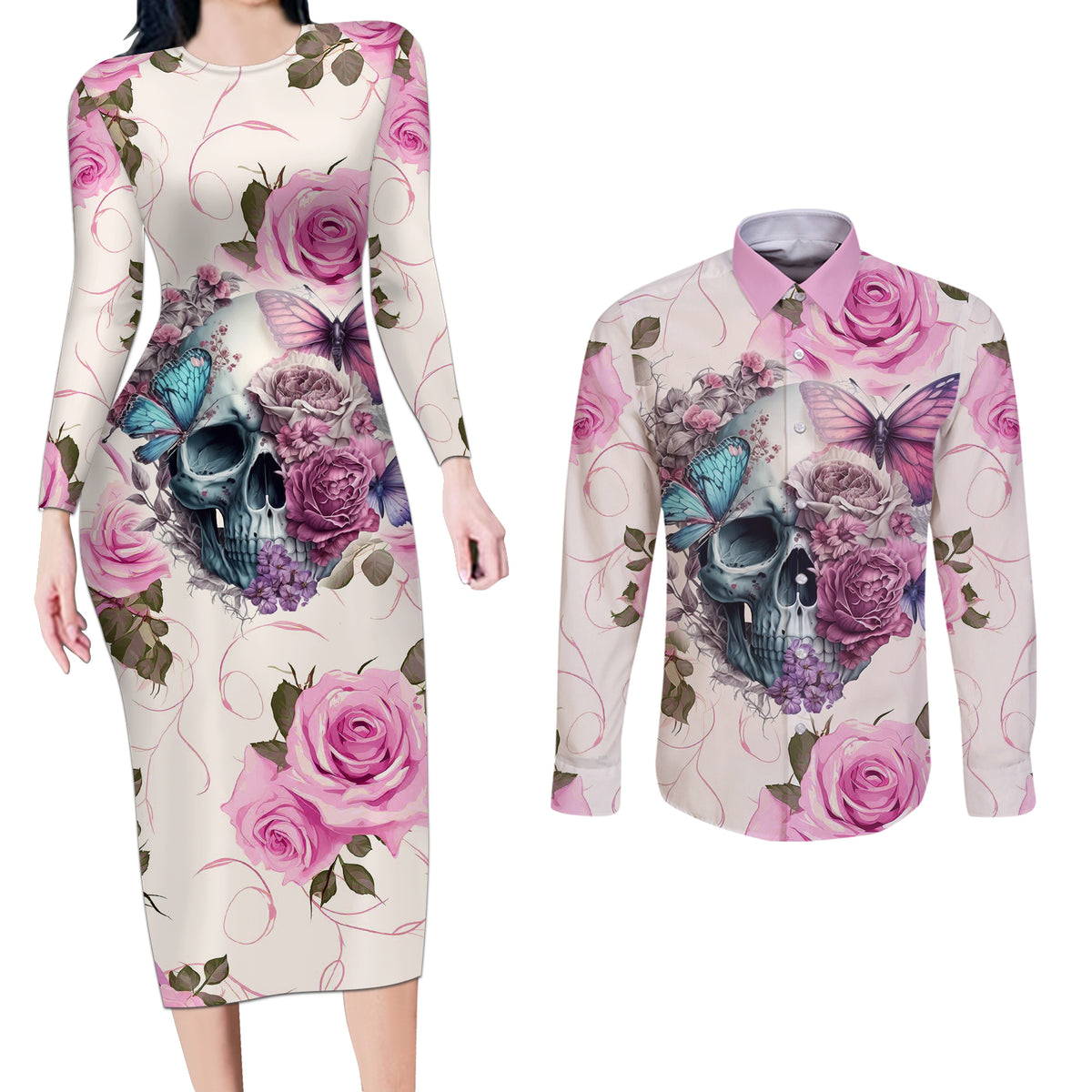 Women Skull Couples Matching Long Sleeve Bodycon Dress and Long Sleeve Button Shirts Some Time An Angel Hellraiser Always A Strong Women - Wonder Print Shop