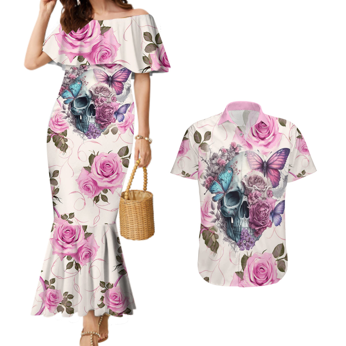 Women Skull Couples Matching Mermaid Dress and Hawaiian Shirt Some Time An Angel Hellraiser Always A Strong Women - Wonder Print Shop