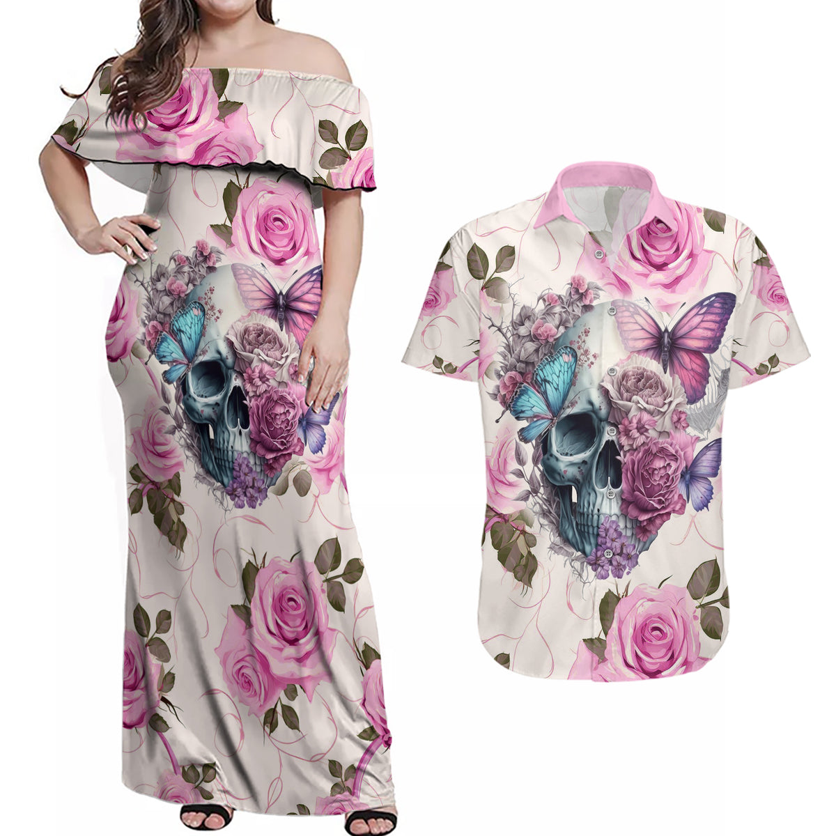 Women Skull Couples Matching Off Shoulder Maxi Dress and Hawaiian Shirt Some Time An Angel Hellraiser Always A Strong Women - Wonder Print Shop