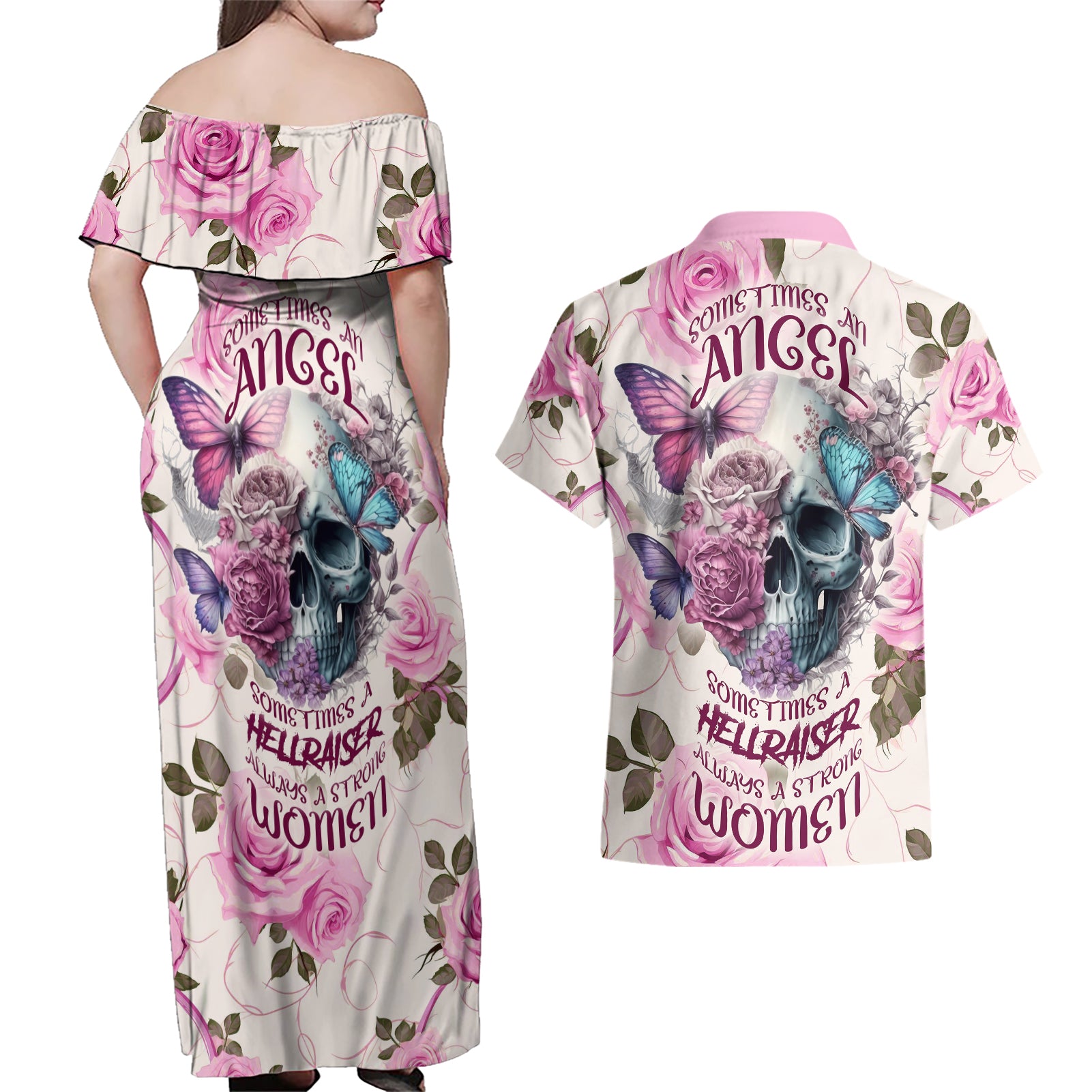 Women Skull Couples Matching Off Shoulder Maxi Dress and Hawaiian Shirt Some Time An Angel Hellraiser Always A Strong Women - Wonder Print Shop