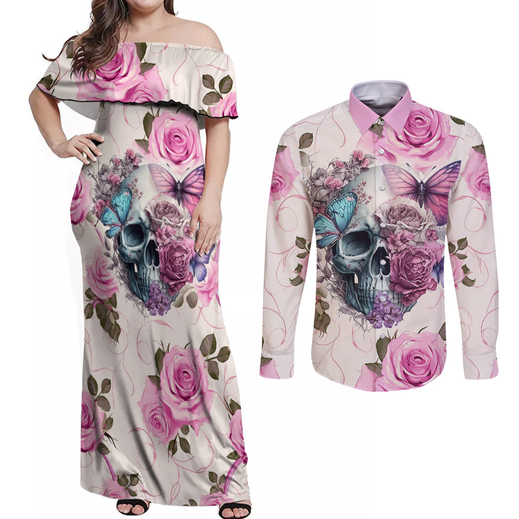 Women Skull Couples Matching Off Shoulder Maxi Dress and Long Sleeve Button Shirts Some Time An Angel Hellraiser Always A Strong Women - Wonder Print Shop