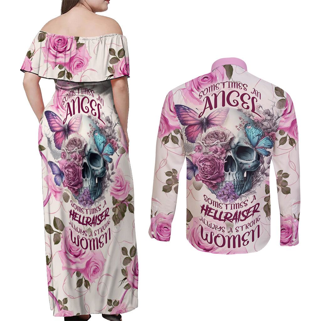 Women Skull Couples Matching Off Shoulder Maxi Dress and Long Sleeve Button Shirts Some Time An Angel Hellraiser Always A Strong Women - Wonder Print Shop