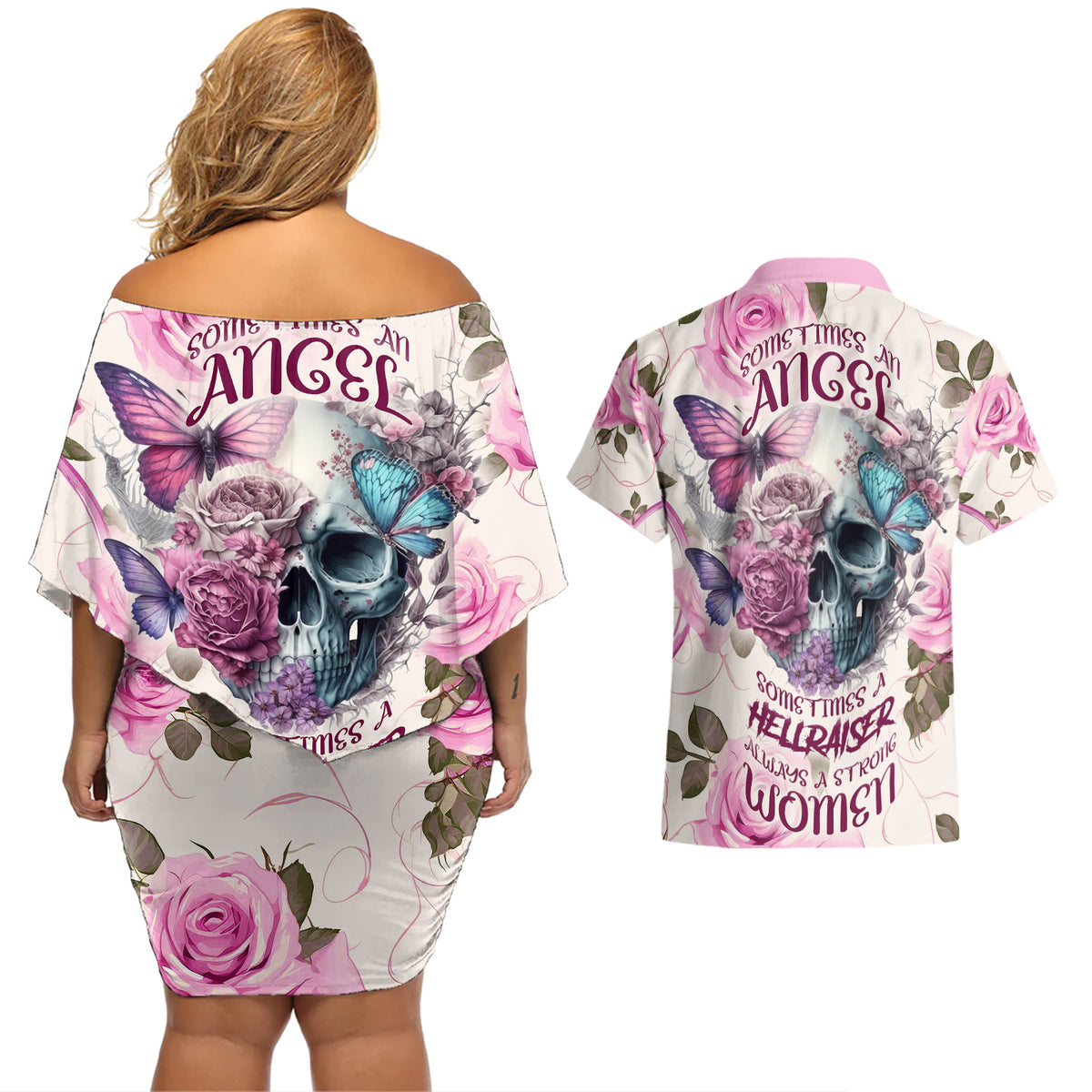 Women Skull Couples Matching Off Shoulder Short Dress and Hawaiian Shirt Some Time An Angel Hellraiser Always A Strong Women - Wonder Print Shop