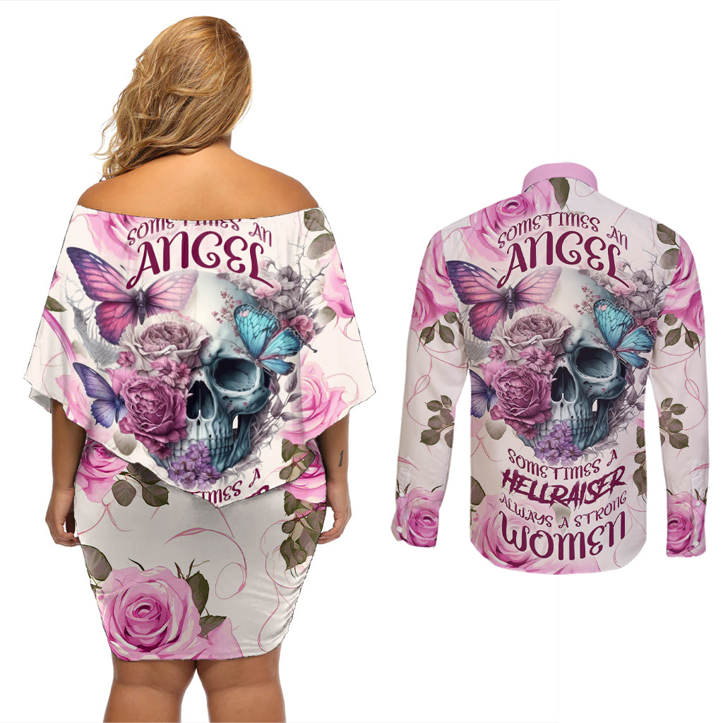 Women Skull Couples Matching Off Shoulder Short Dress and Long Sleeve Button Shirts Some Time An Angel Hellraiser Always A Strong Women - Wonder Print Shop