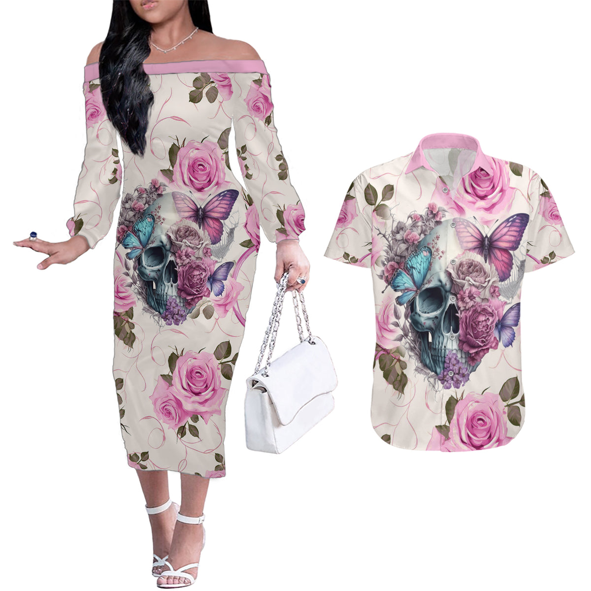 Women Skull Couples Matching Off The Shoulder Long Sleeve Dress and Hawaiian Shirt Some Time An Angel Hellraiser Always A Strong Women - Wonder Print Shop