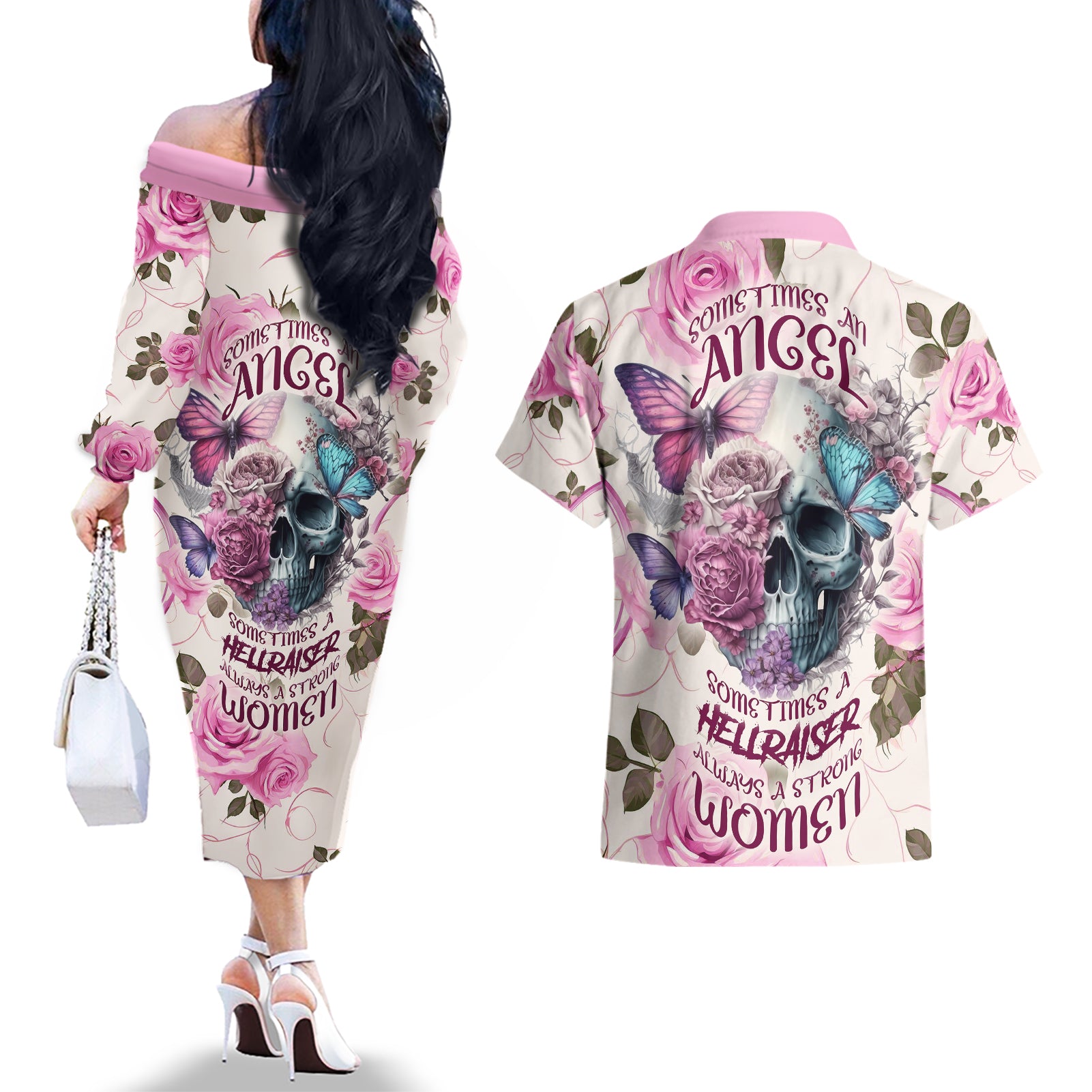 Women Skull Couples Matching Off The Shoulder Long Sleeve Dress and Hawaiian Shirt Some Time An Angel Hellraiser Always A Strong Women - Wonder Print Shop