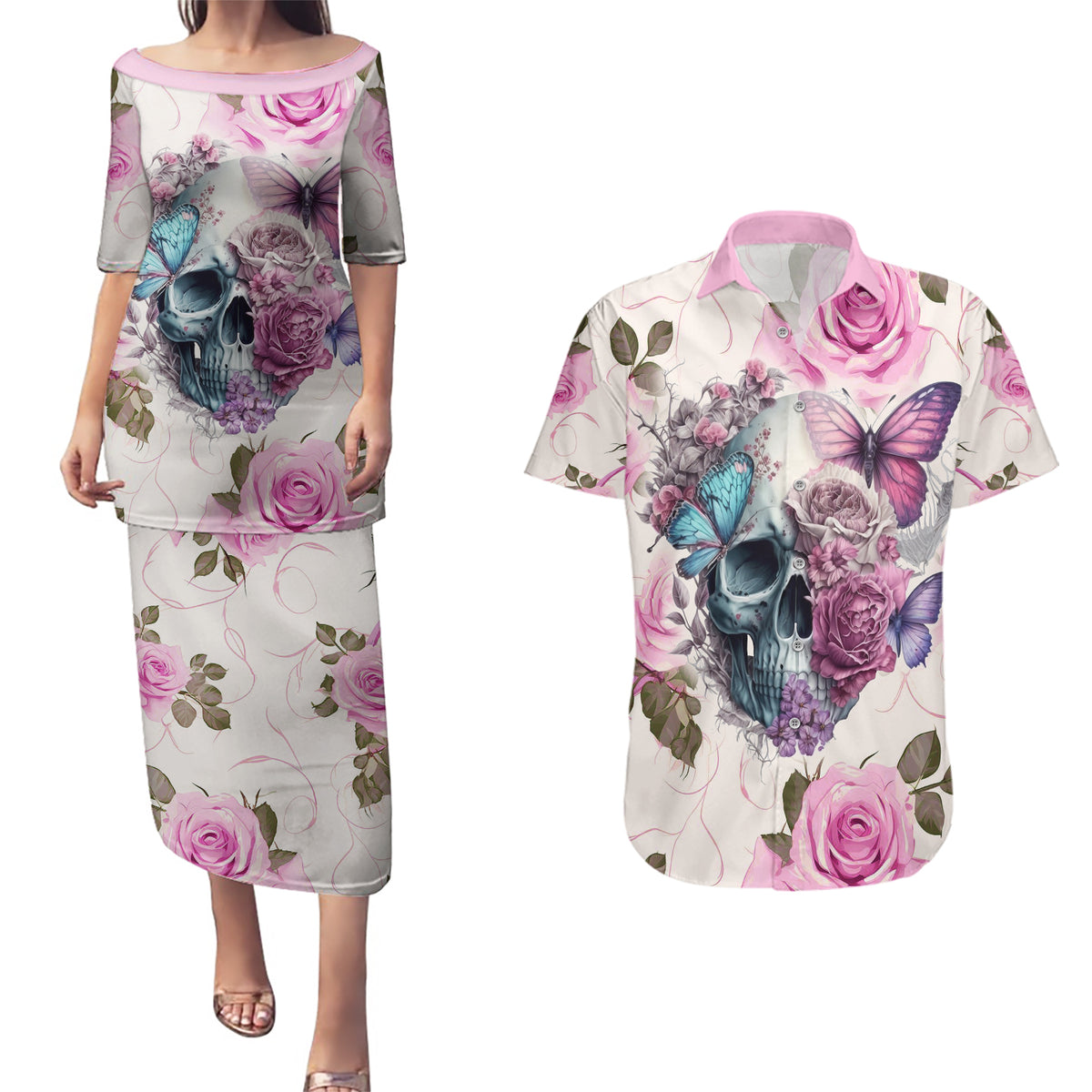 Women Skull Couples Matching Puletasi Dress and Hawaiian Shirt Some Time An Angel Hellraiser Always A Strong Women - Wonder Print Shop