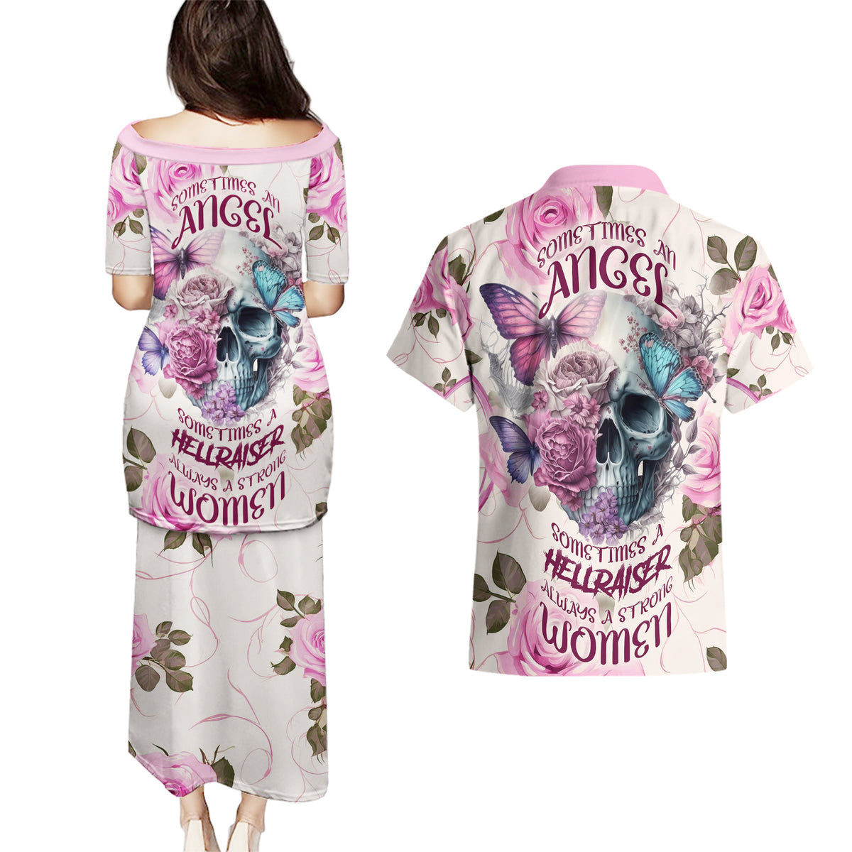 Women Skull Couples Matching Puletasi Dress and Hawaiian Shirt Some Time An Angel Hellraiser Always A Strong Women - Wonder Print Shop