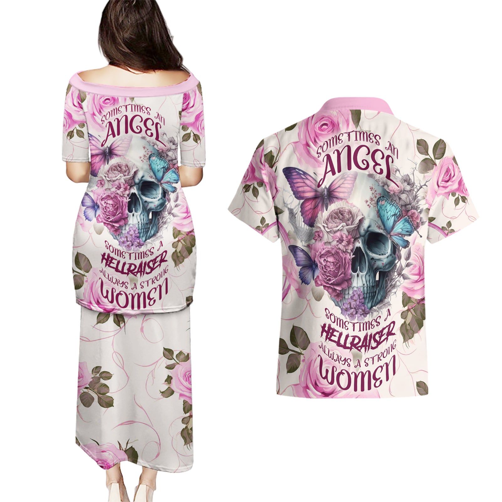 Women Skull Couples Matching Puletasi Dress and Hawaiian Shirt Some Time An Angel Hellraiser Always A Strong Women - Wonder Print Shop