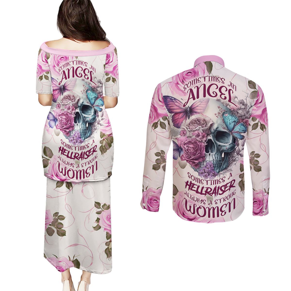Women Skull Couples Matching Puletasi Dress and Long Sleeve Button Shirts Some Time An Angel Hellraiser Always A Strong Women - Wonder Print Shop