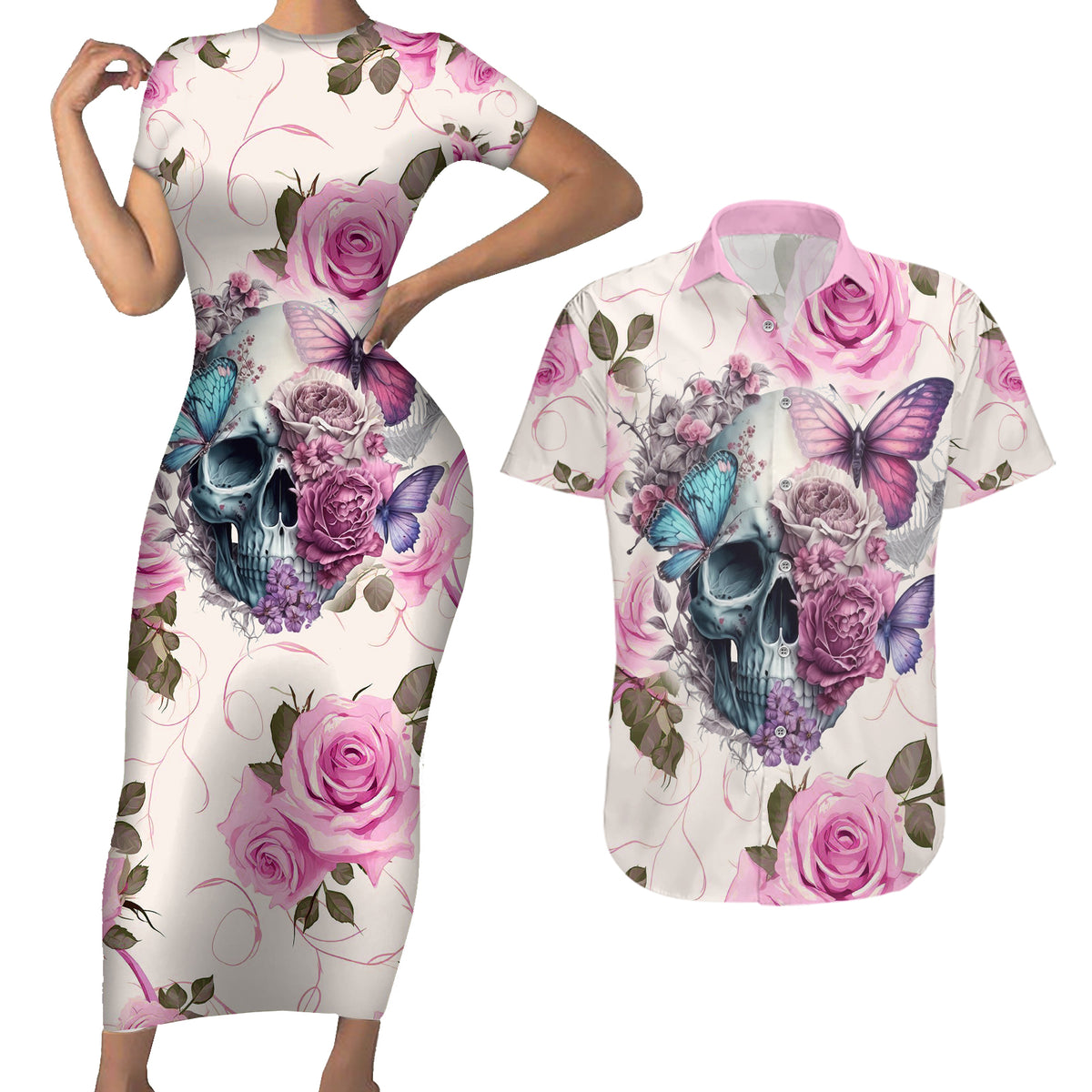 Women Skull Couples Matching Short Sleeve Bodycon Dress and Hawaiian Shirt Some Time An Angel Hellraiser Always A Strong Women - Wonder Print Shop