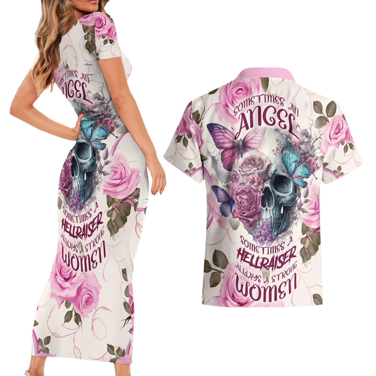 Women Skull Couples Matching Short Sleeve Bodycon Dress and Hawaiian Shirt Some Time An Angel Hellraiser Always A Strong Women - Wonder Print Shop