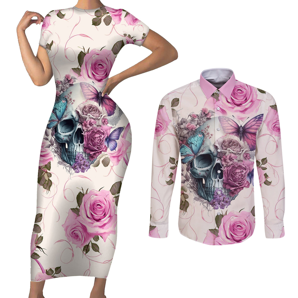 Women Skull Couples Matching Short Sleeve Bodycon Dress and Long Sleeve Button Shirts Some Time An Angel Hellraiser Always A Strong Women - Wonder Print Shop