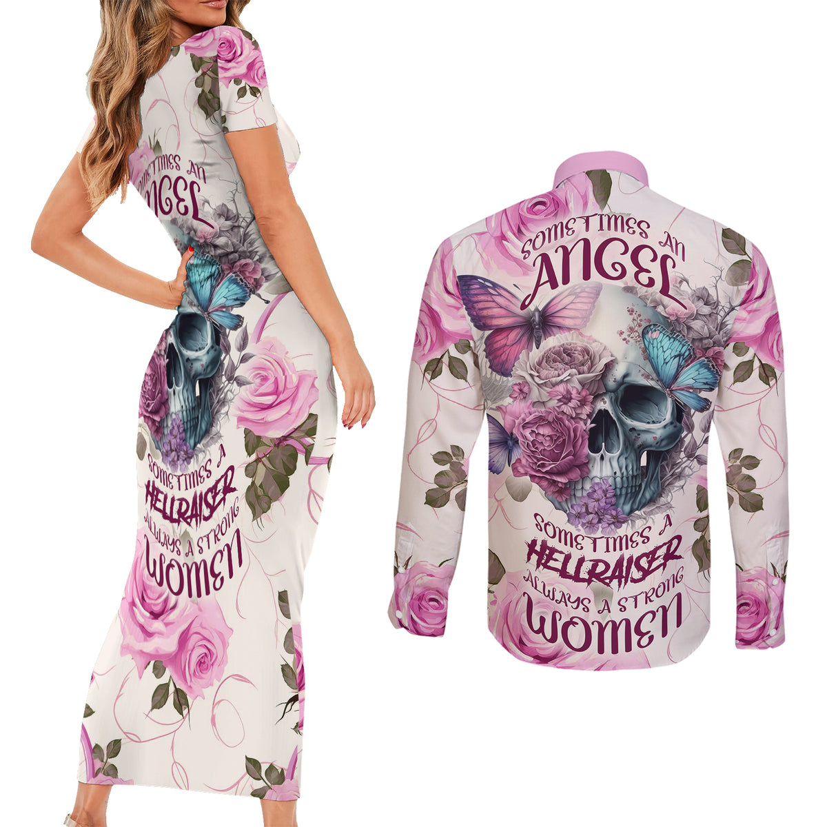 Women Skull Couples Matching Short Sleeve Bodycon Dress and Long Sleeve Button Shirts Some Time An Angel Hellraiser Always A Strong Women - Wonder Print Shop