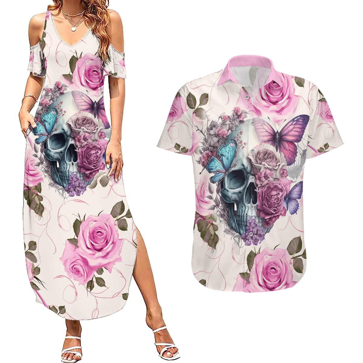 Women Skull Couples Matching Summer Maxi Dress and Hawaiian Shirt Some Time An Angel Hellraiser Always A Strong Women - Wonder Print Shop