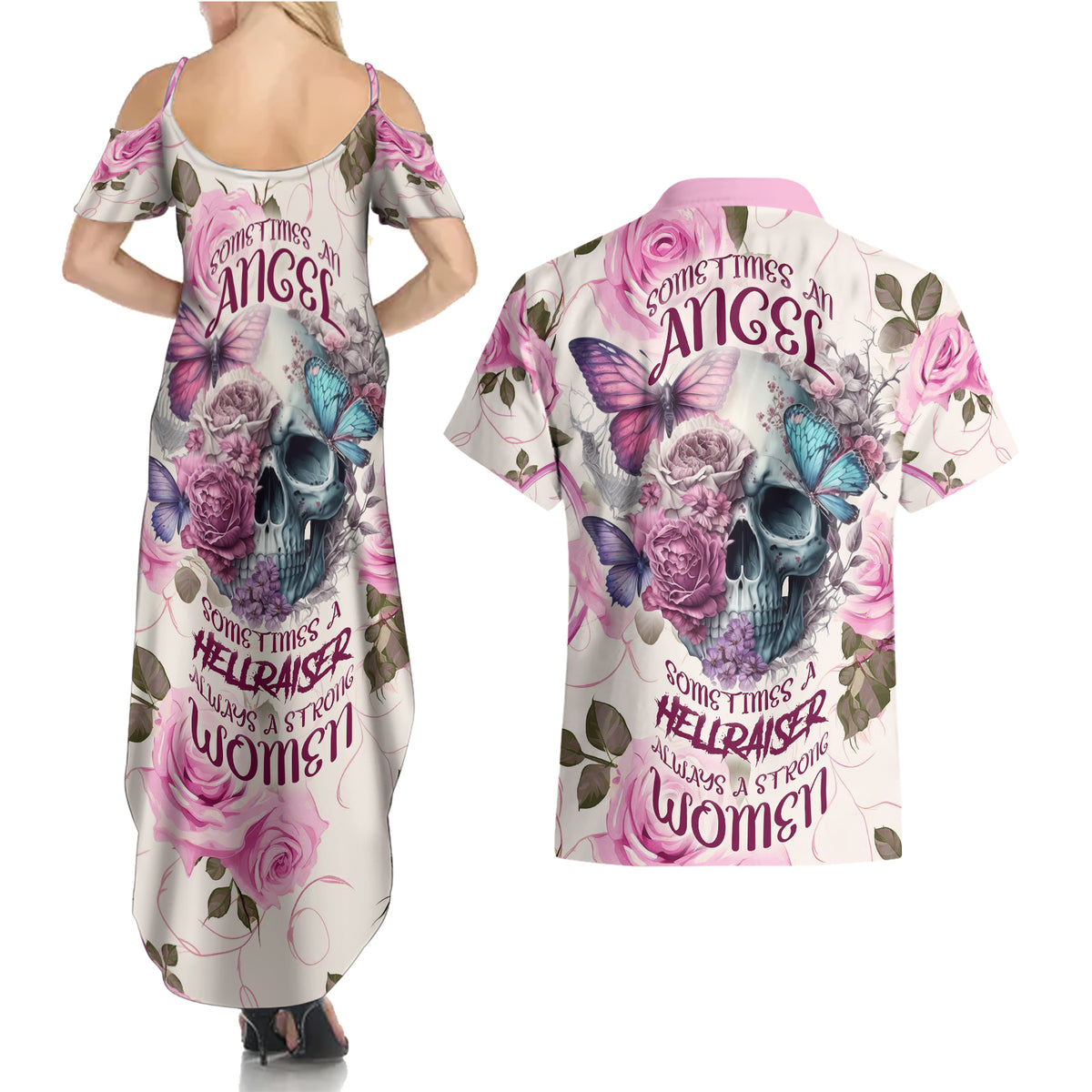 Women Skull Couples Matching Summer Maxi Dress and Hawaiian Shirt Some Time An Angel Hellraiser Always A Strong Women - Wonder Print Shop