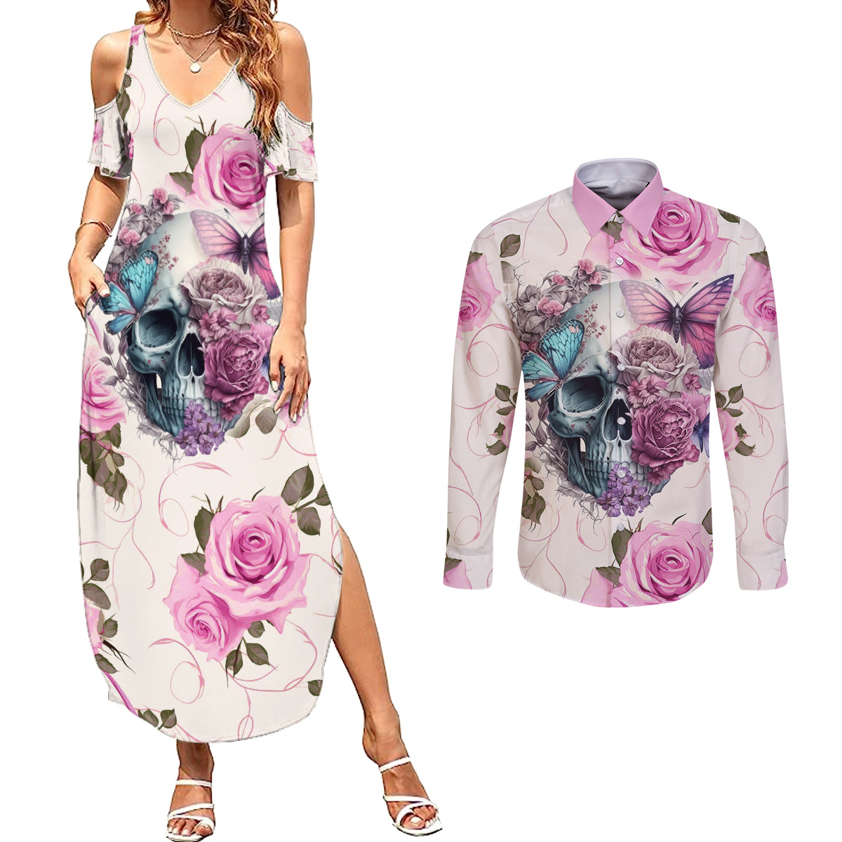 Women Skull Couples Matching Summer Maxi Dress and Long Sleeve Button Shirts Some Time An Angel Hellraiser Always A Strong Women - Wonder Print Shop