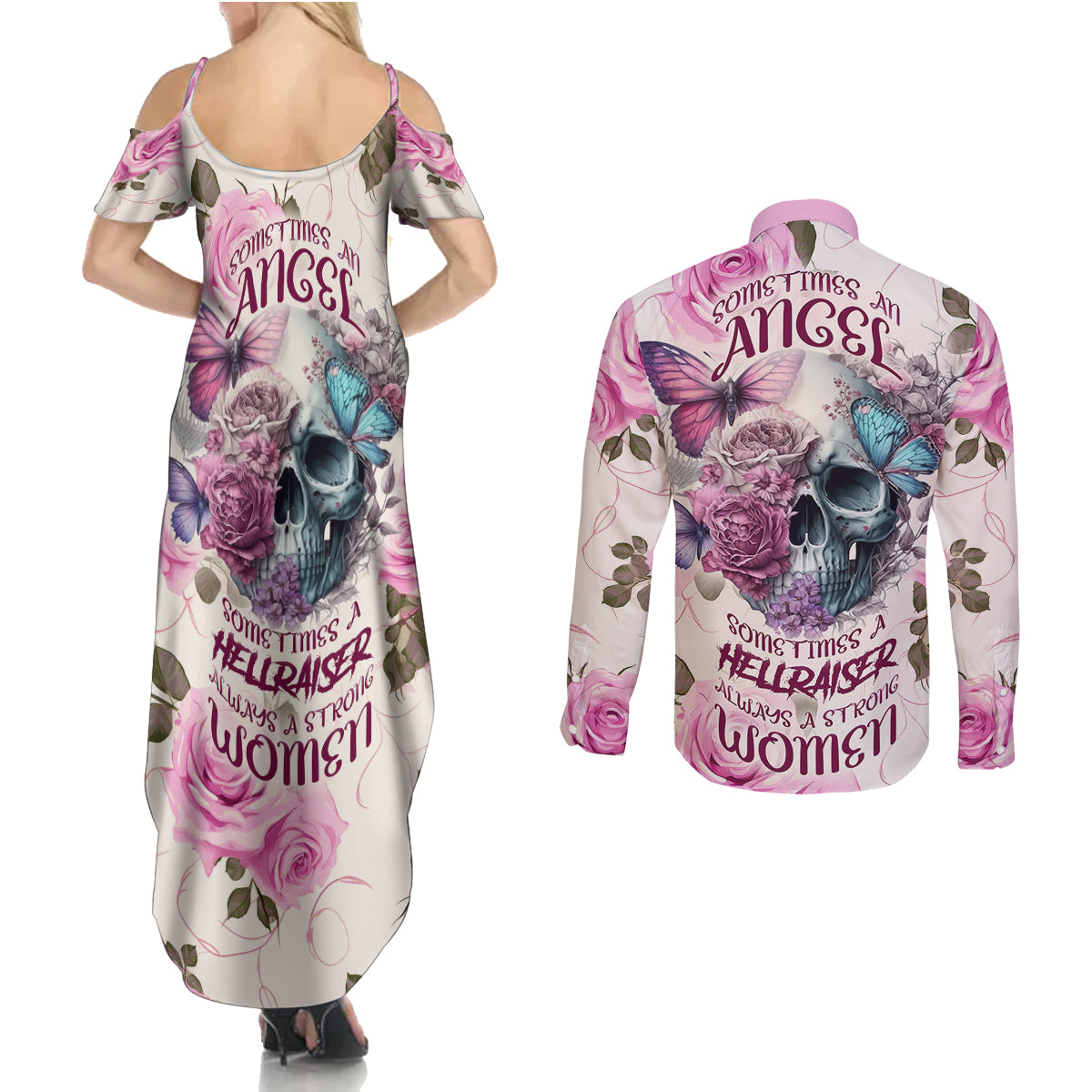 Women Skull Couples Matching Summer Maxi Dress and Long Sleeve Button Shirts Some Time An Angel Hellraiser Always A Strong Women - Wonder Print Shop