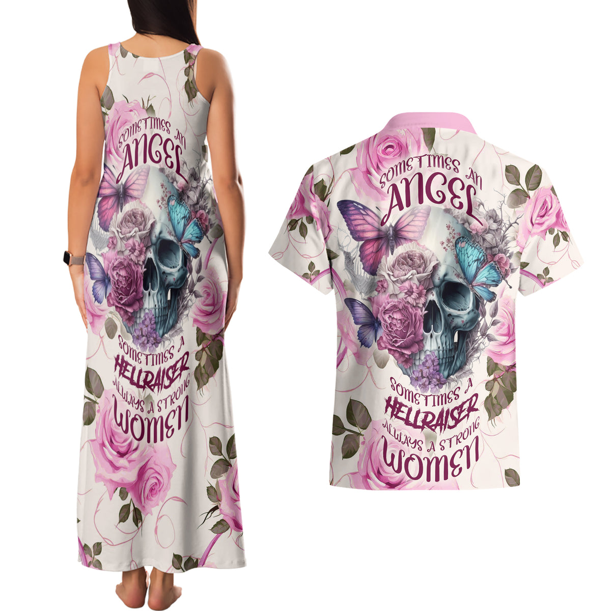 Women Skull Couples Matching Tank Maxi Dress and Hawaiian Shirt Some Time An Angel Hellraiser Always A Strong Women - Wonder Print Shop