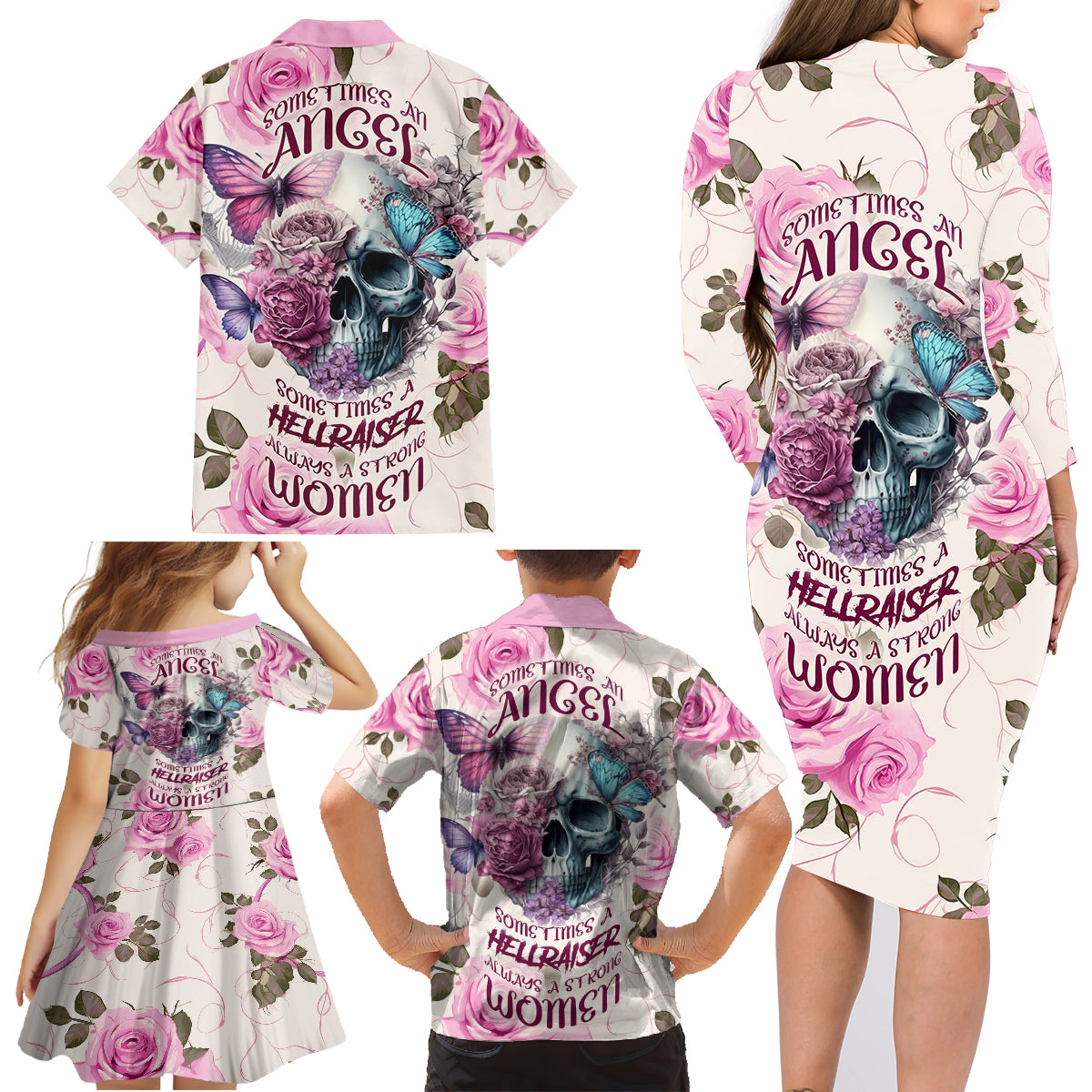 Women Skull Family Matching Long Sleeve Bodycon Dress and Hawaiian Shirt Some Time An Angel Hellraiser Always A Strong Women - Wonder Print Shop