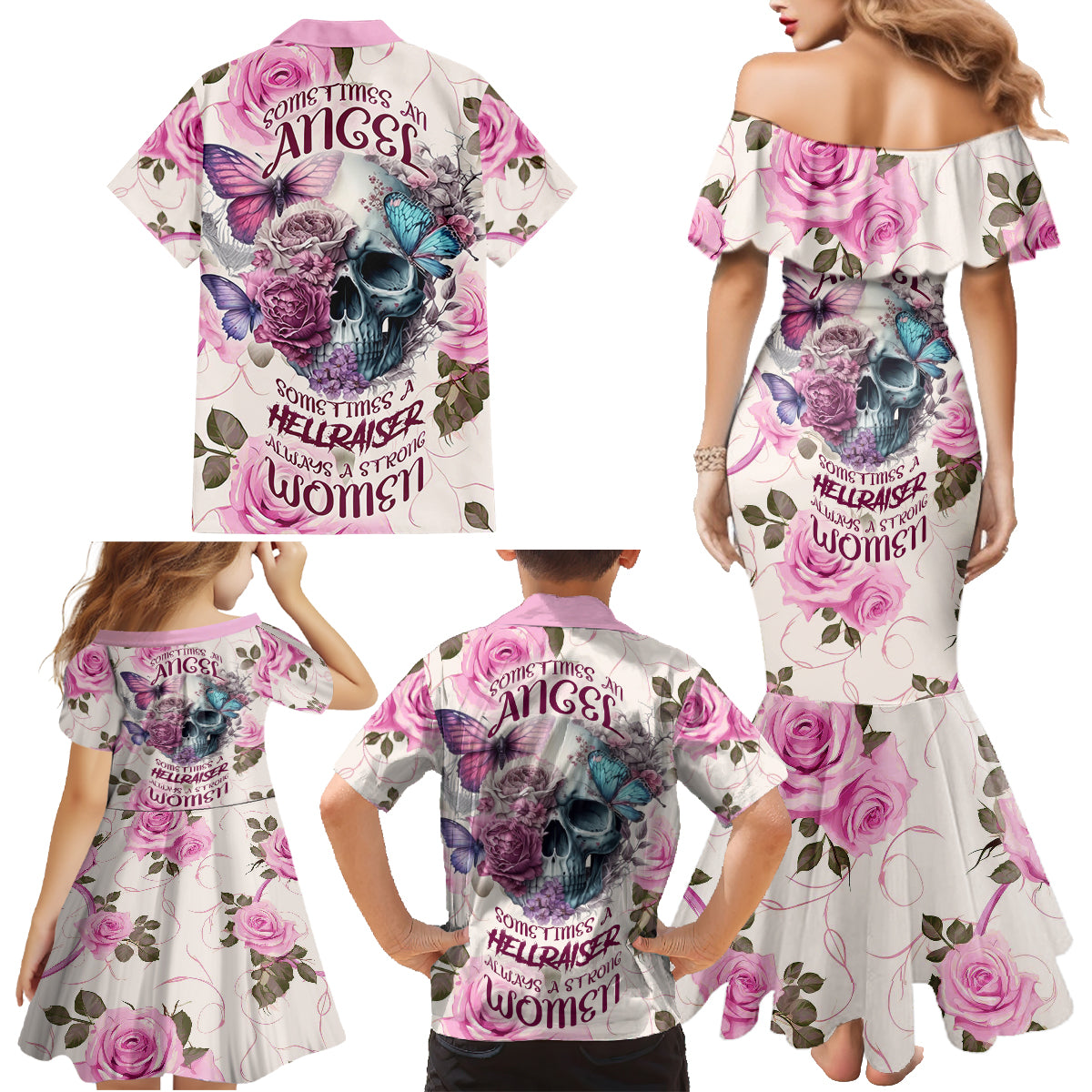 Women Skull Family Matching Mermaid Dress and Hawaiian Shirt Some Time An Angel Hellraiser Always A Strong Women - Wonder Print Shop
