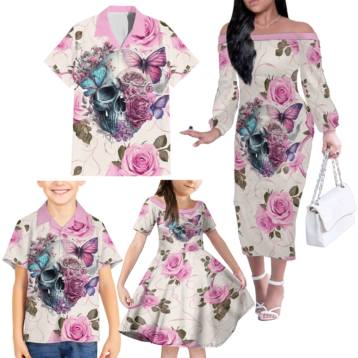 Women Skull Family Matching Off Shoulder Long Sleeve Dress and Hawaiian Shirt Some Time An Angel Hellraiser Always A Strong Women - Wonder Print Shop