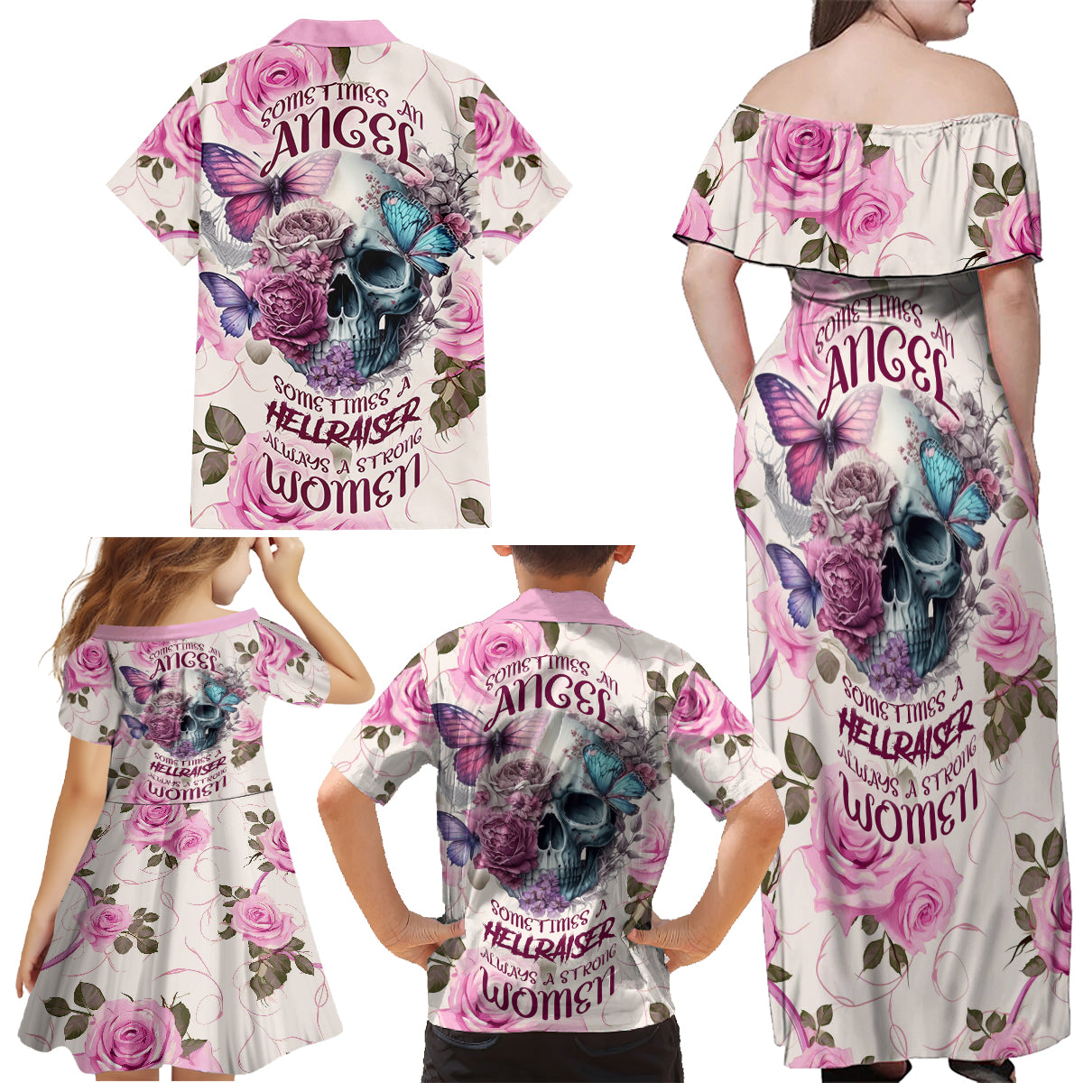 Women Skull Family Matching Off Shoulder Maxi Dress and Hawaiian Shirt Some Time An Angel Hellraiser Always A Strong Women - Wonder Print Shop