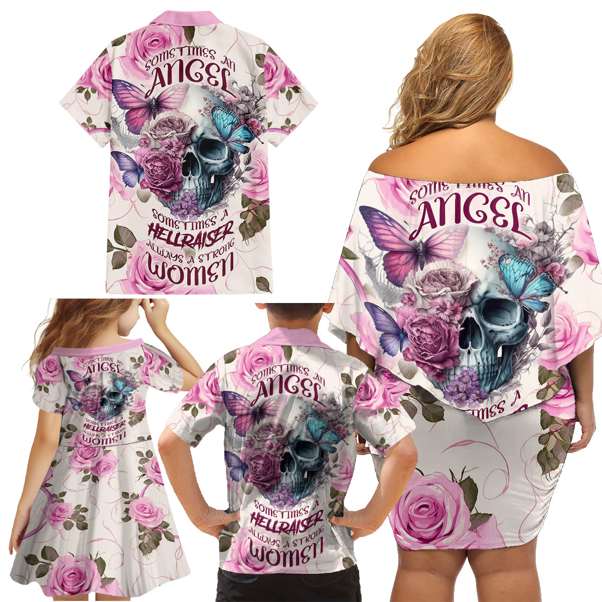 Women Skull Family Matching Off Shoulder Short Dress and Hawaiian Shirt Some Time An Angel Hellraiser Always A Strong Women - Wonder Print Shop