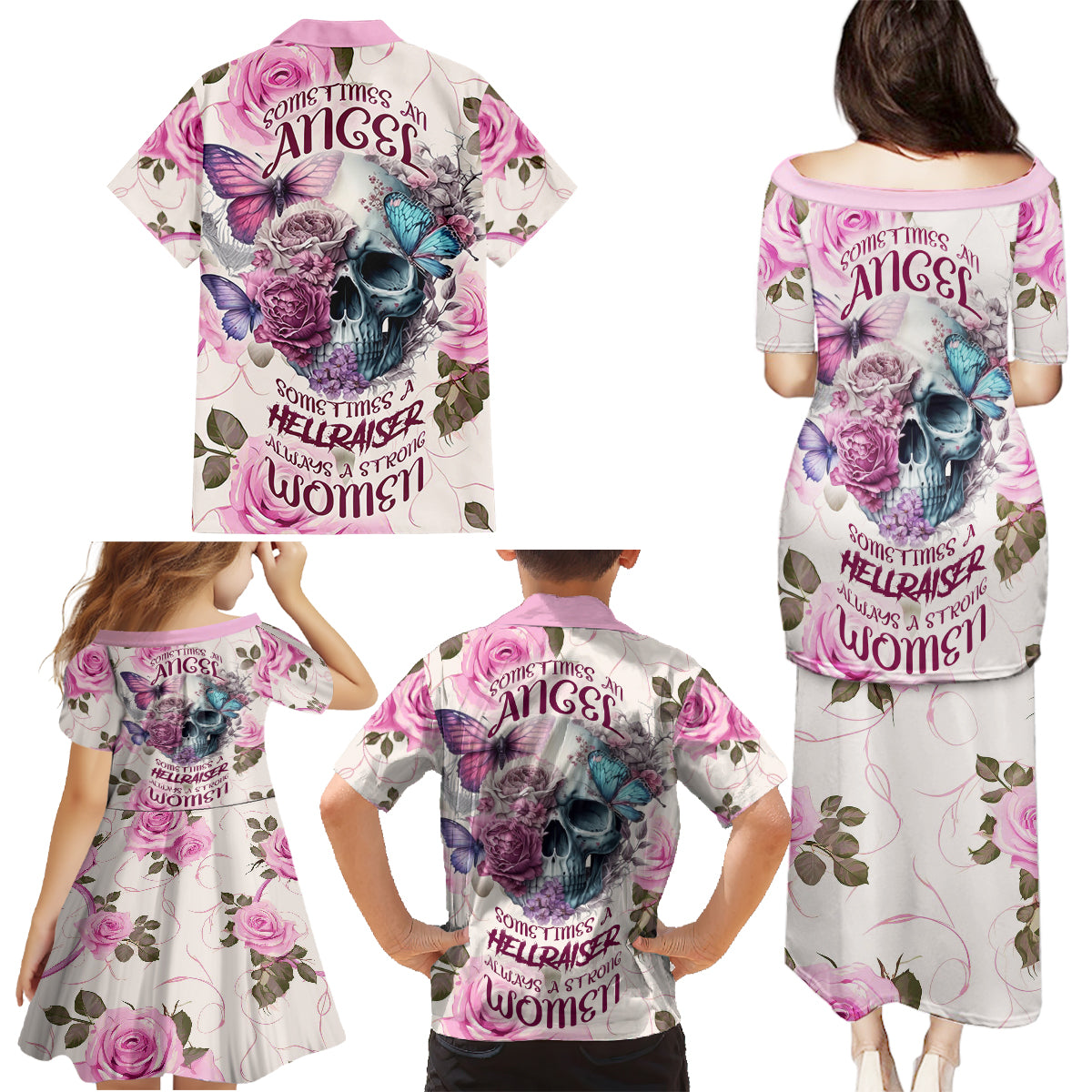 Women Skull Family Matching Puletasi Dress and Hawaiian Shirt Some Time An Angel Hellraiser Always A Strong Women - Wonder Print Shop
