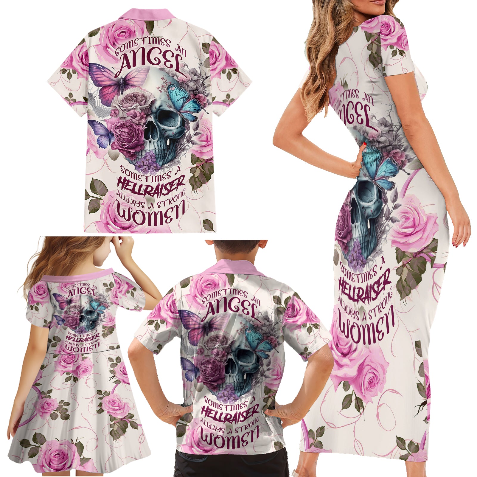 Women Skull Family Matching Short Sleeve Bodycon Dress and Hawaiian Shirt Some Time An Angel Hellraiser Always A Strong Women - Wonder Print Shop