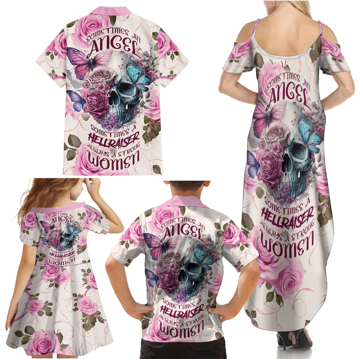 Women Skull Family Matching Summer Maxi Dress and Hawaiian Shirt Some Time An Angel Hellraiser Always A Strong Women - Wonder Print Shop