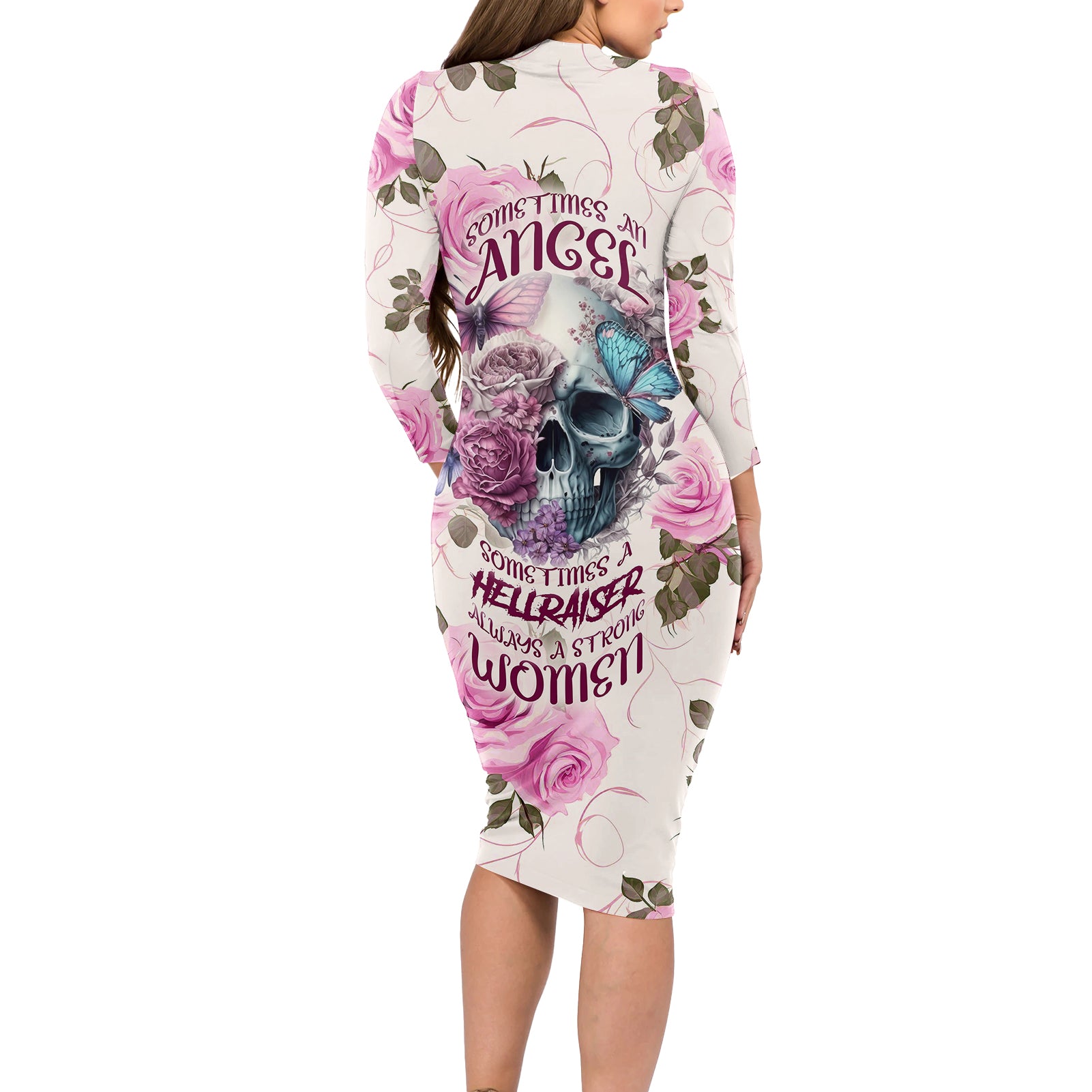 Women Skull Long Sleeve Bodycon Dress Some Time An Angel Hellraiser Always A Strong Women - Wonder Print Shop