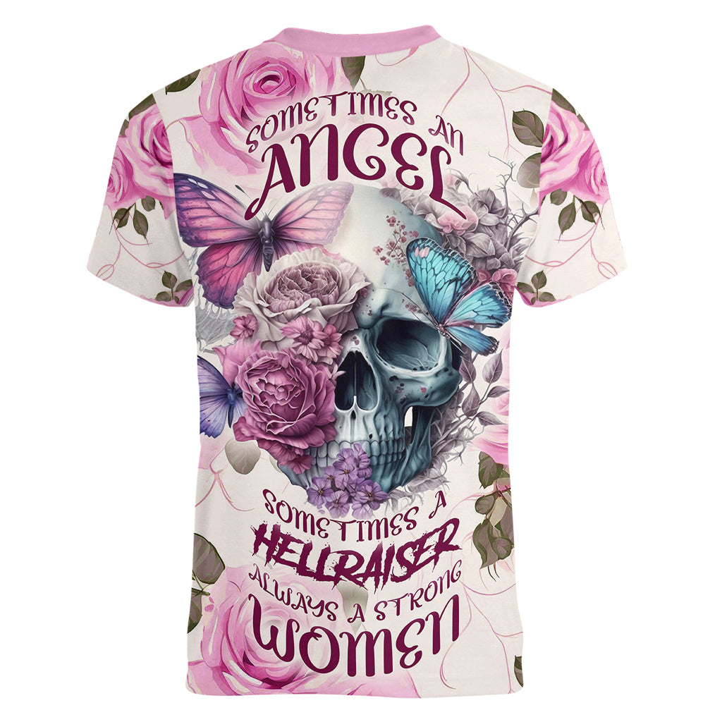Women Skull Women V Neck T Shirt Some Time An Angel Hellraiser Always A Strong Women - Wonder Print Shop