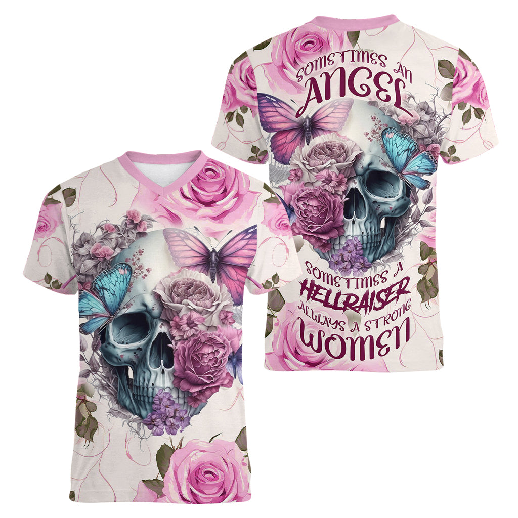 Women Skull Women V Neck T Shirt Some Time An Angel Hellraiser Always A Strong Women - Wonder Print Shop
