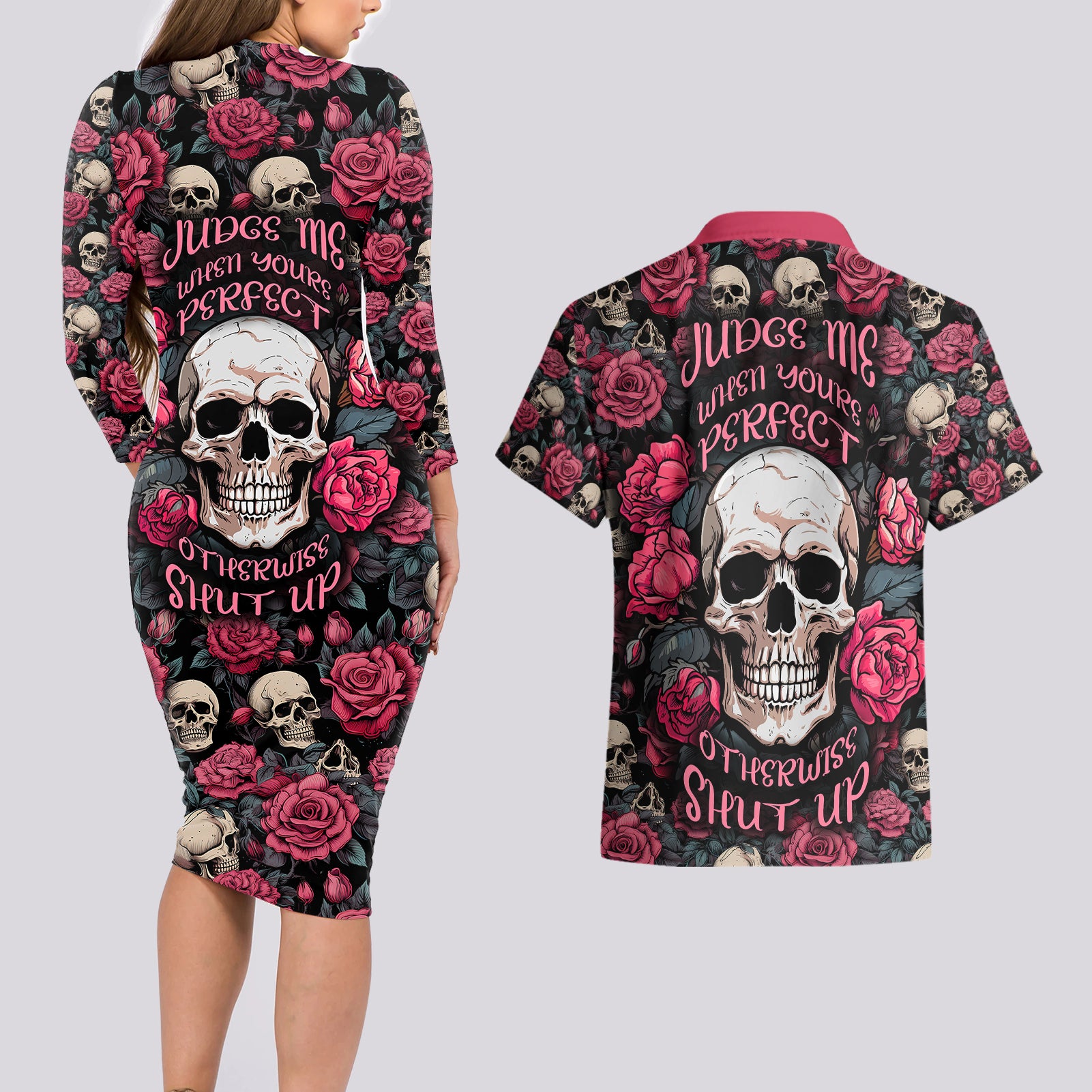 Judge Me When Yours Perfect Otherwise Shut Up Skull Couples Matching Long Sleeve Bodycon Dress and Hawaiian Shirt - Wonder Print Shop