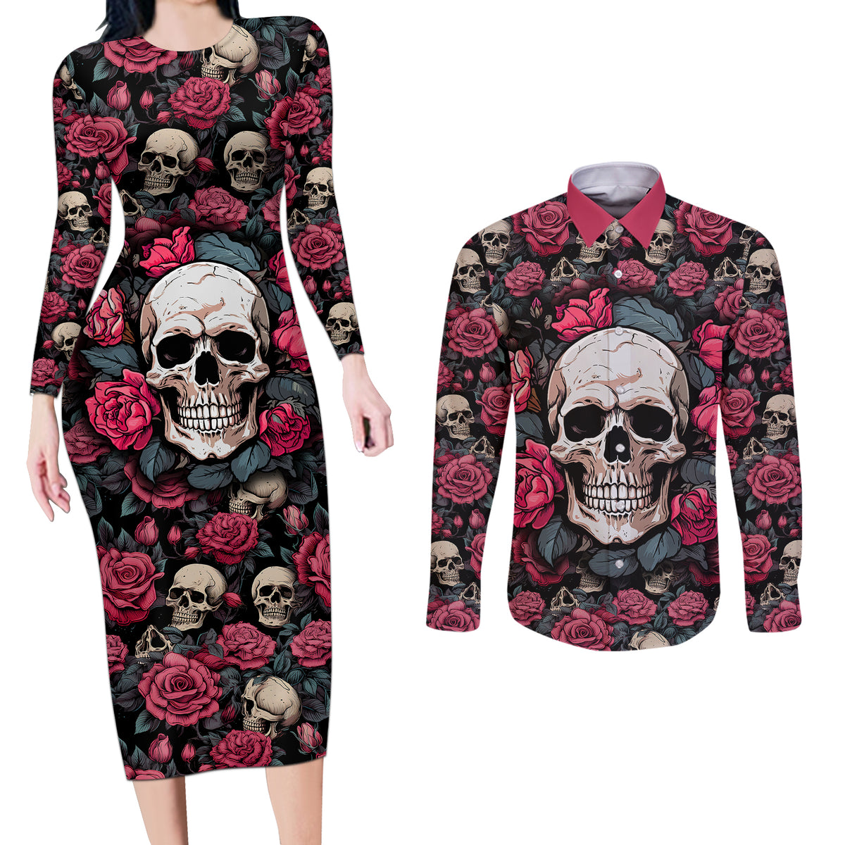 Judge Me When Yours Perfect Otherwise Shut Up Skull Couples Matching Long Sleeve Bodycon Dress and Long Sleeve Button Shirts - Wonder Print Shop