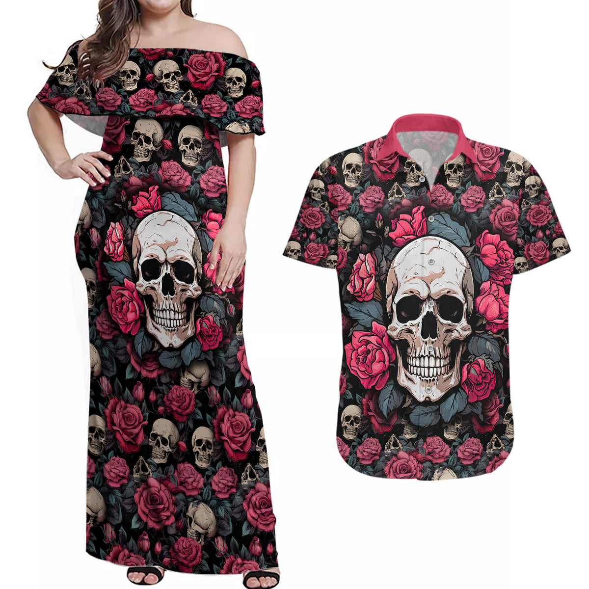 Judge Me When Yours Perfect Otherwise Shut Up Skull Couples Matching Off Shoulder Maxi Dress and Hawaiian Shirt - Wonder Print Shop