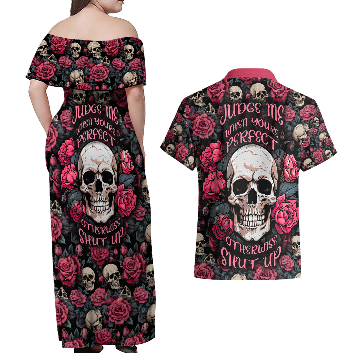 Judge Me When Yours Perfect Otherwise Shut Up Skull Couples Matching Off Shoulder Maxi Dress and Hawaiian Shirt - Wonder Print Shop
