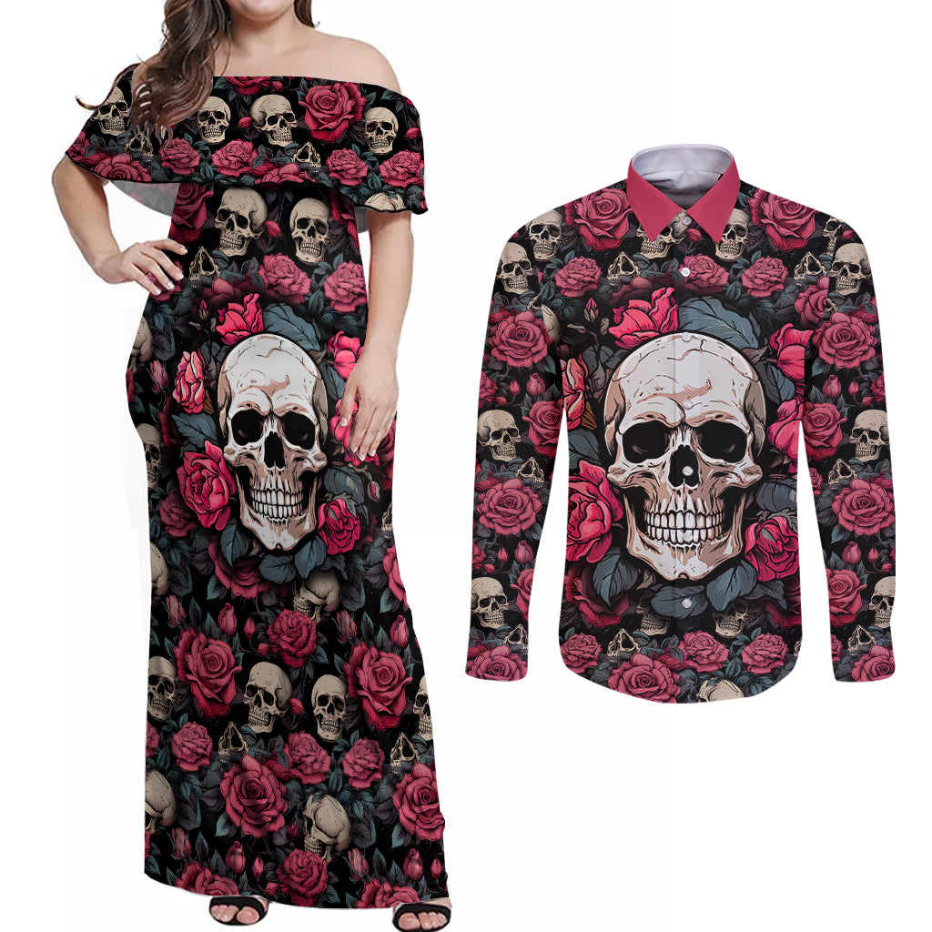 Judge Me When Yours Perfect Otherwise Shut Up Skull Couples Matching Off Shoulder Maxi Dress and Long Sleeve Button Shirts - Wonder Print Shop