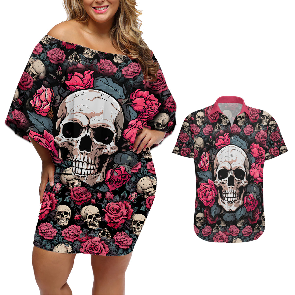 Judge Me When Yours Perfect Otherwise Shut Up Skull Couples Matching Off Shoulder Short Dress and Hawaiian Shirt - Wonder Print Shop